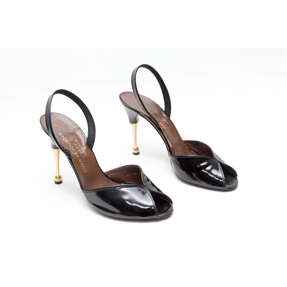 Charles Jourdan Black Patent Slingback Heels with Gold Stiletto
